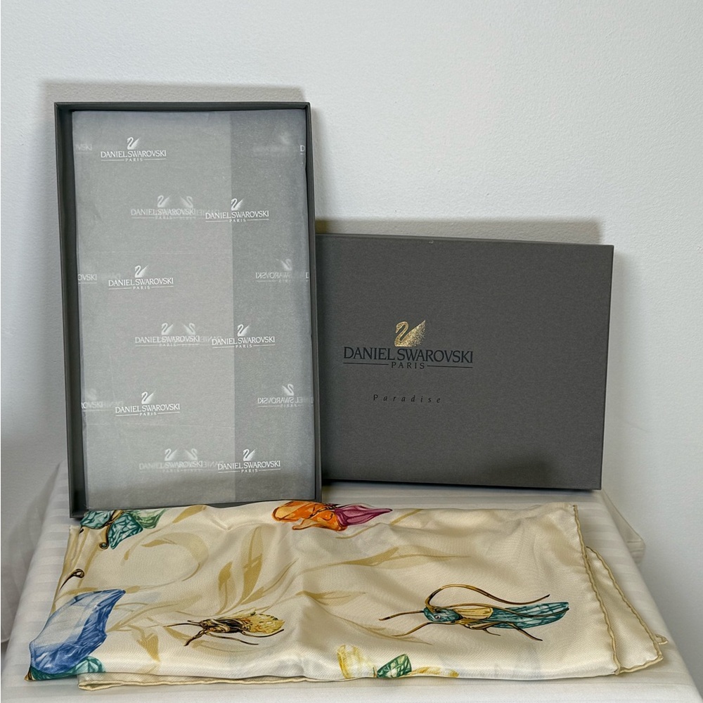 Vintage Daniel Swarovski Paris | ‘Paradise’ Silk Scarf Original Box And Tissue
